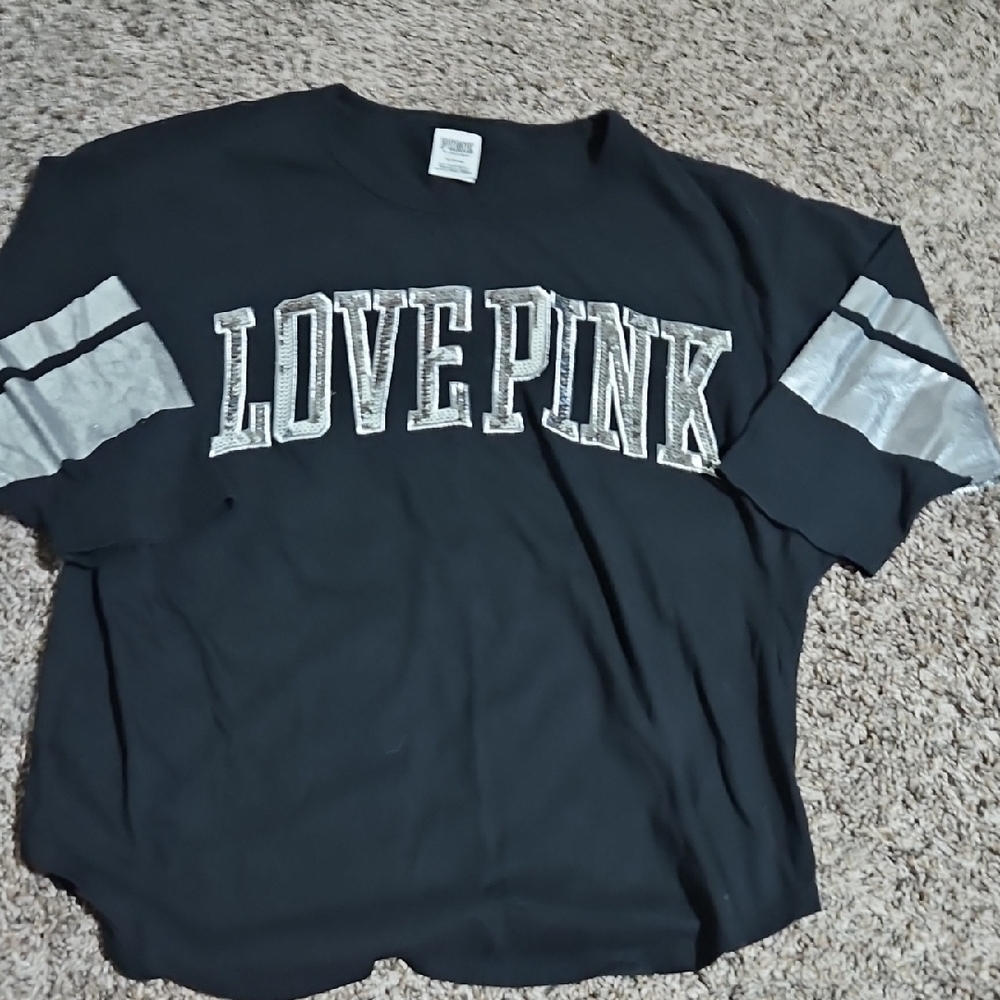 PINK Victoria's Secret Black Three Quarter Tee with Silver Stripes